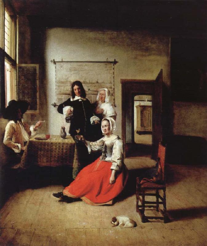 Pieter de Hooch Weintrinkende woman in the middle of these men France oil painting art